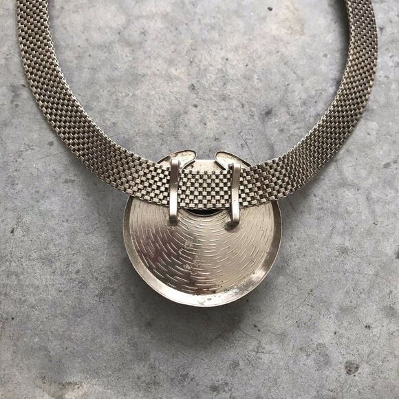 1980s Statement Blue Silver Crystal Stainless Steel Pendant Chainlink Necklace - Picture 7 of 10